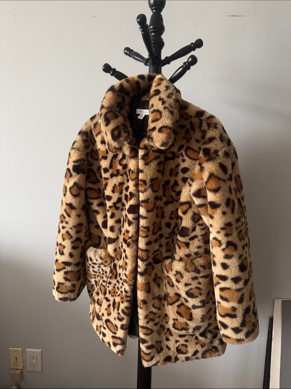 Topshop Faux Fur Leopard Print Coat in Tan and Black